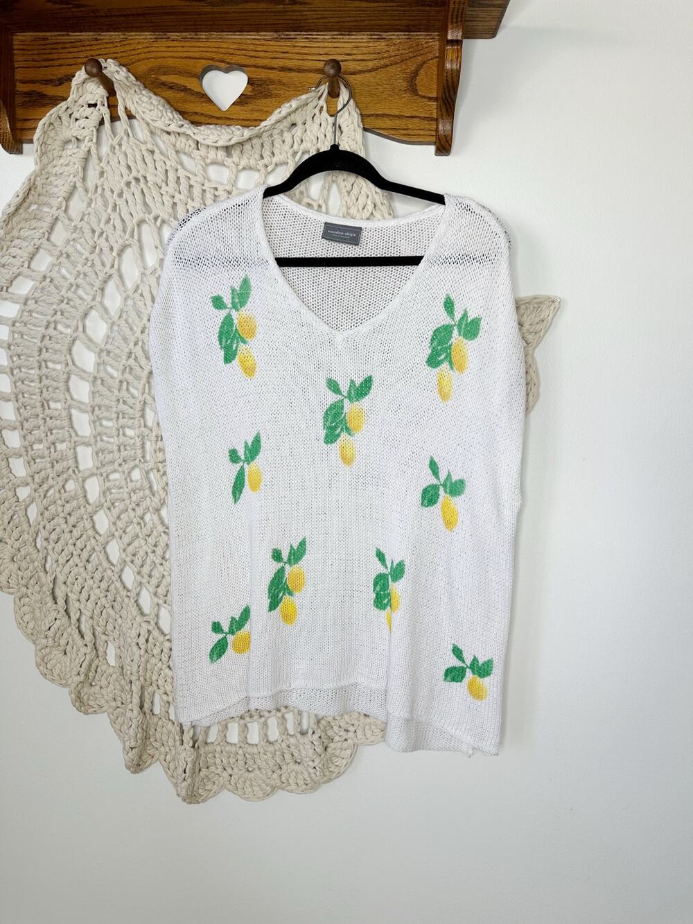 Wooden Ships Open Knit Lemon Print Cotton Blend Sweater Size M/L